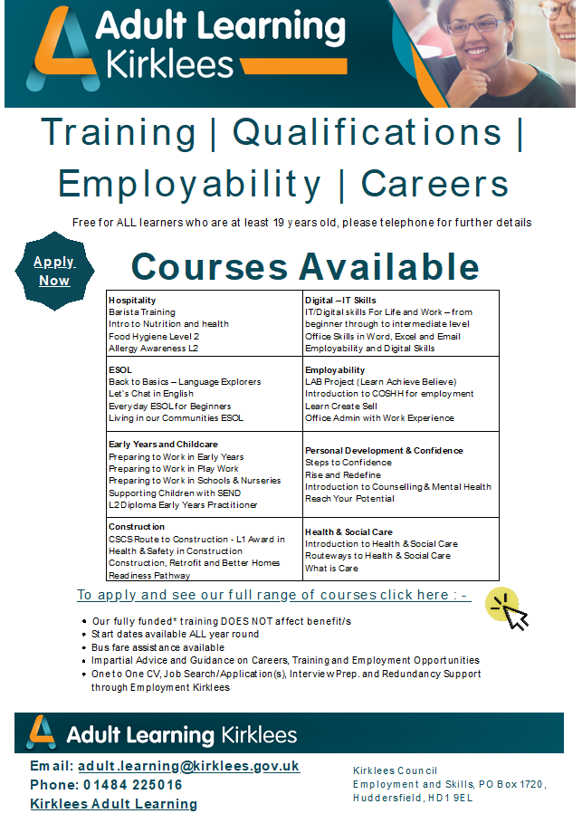 Free adult learning courses available to people across Kirklees